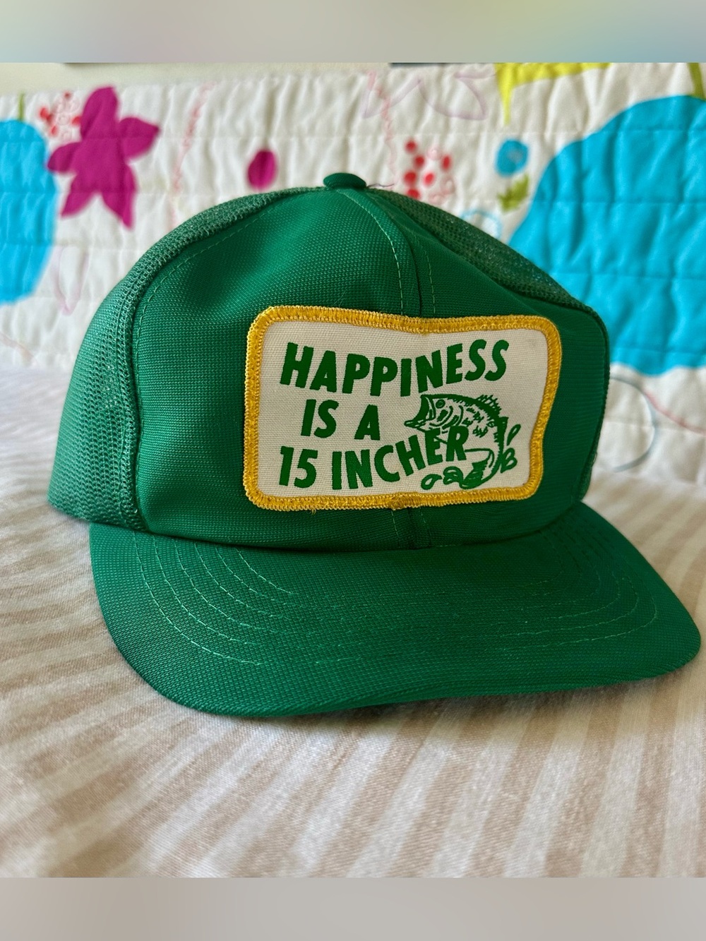 vintage “happiness is a 15 incher” green trucker hat